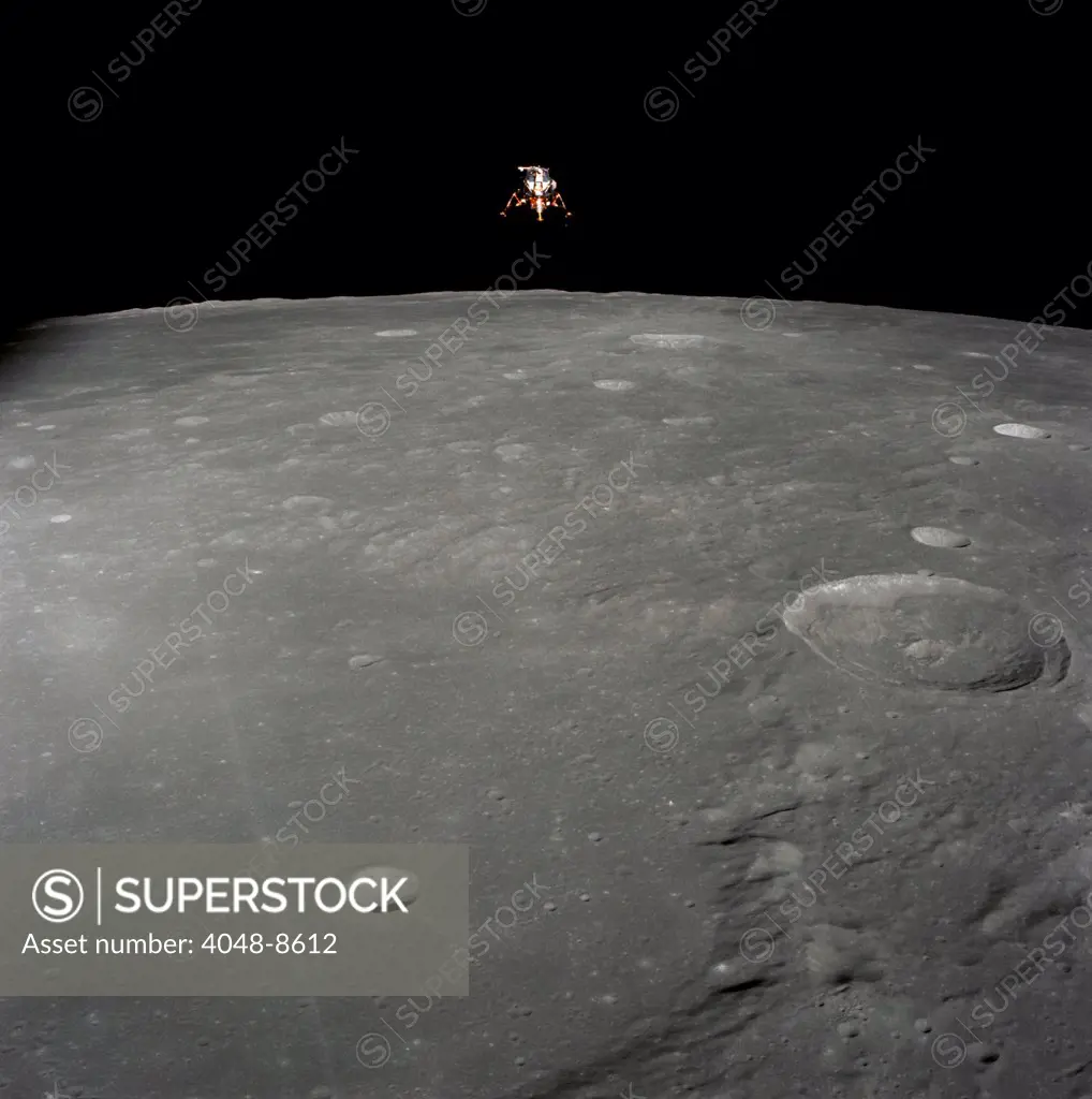 Apollo 12 lunar module Intrepid landing on the Moon's surface. It landed in the Ocean of Storms where the Surveyor 3 probe landed on April 20, 1967. The photo was taken Astronaut Richard Gordon from the orbiting Command Module on Nov. 19, 1969.