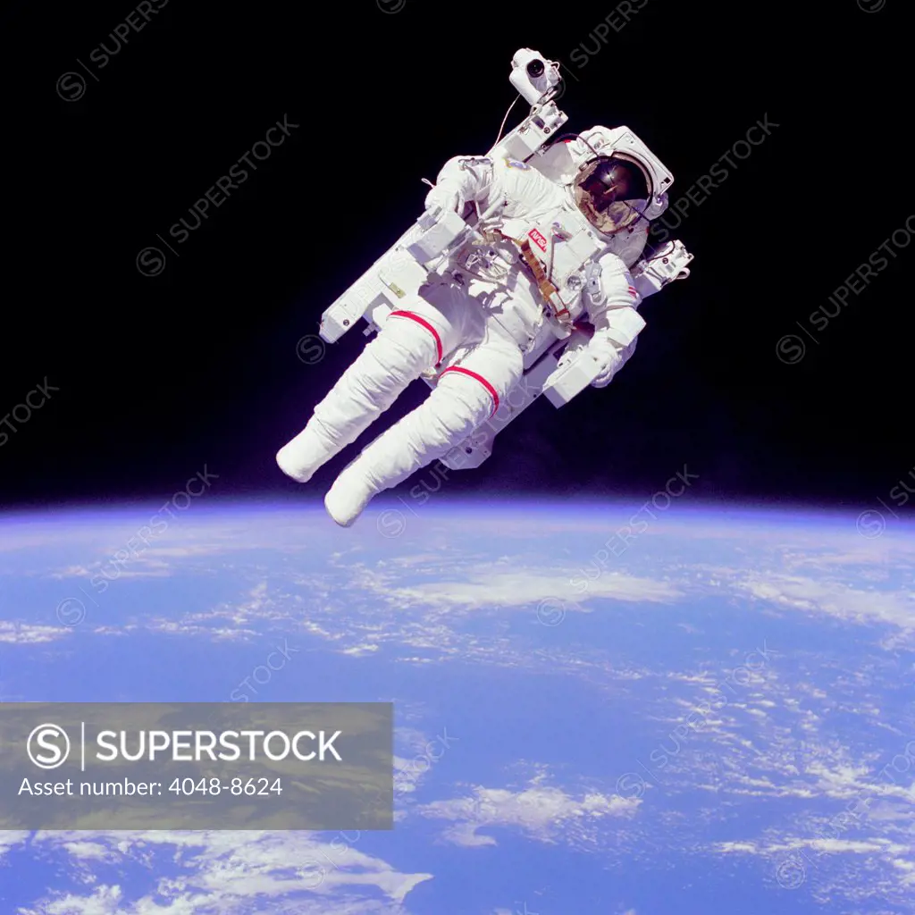 Astronaut Bruce McCandless in floating weightless 320 feet from the space shuttle Challenger. He tested a nitrogen jet propelled backpack to maneuver in zero gravity. Feb. 11, 1984.