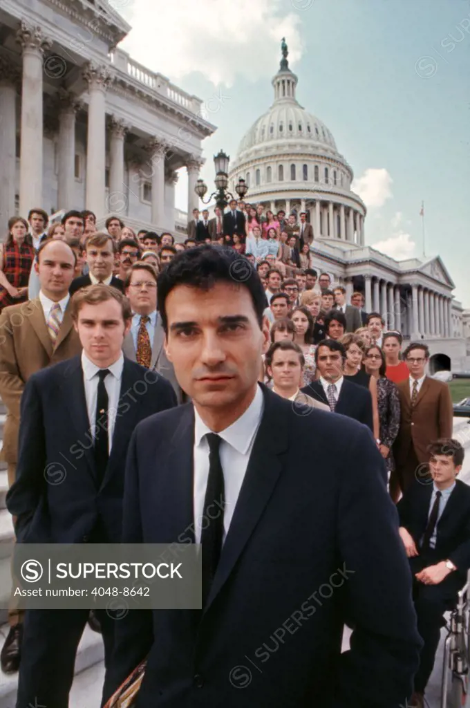 Ralph Nader and Nader's Raiders on steps of U.S. Capitol, Washington D.C. 1969. Photo: John G. Zimmerman Archive / Courtesy Everett Collection