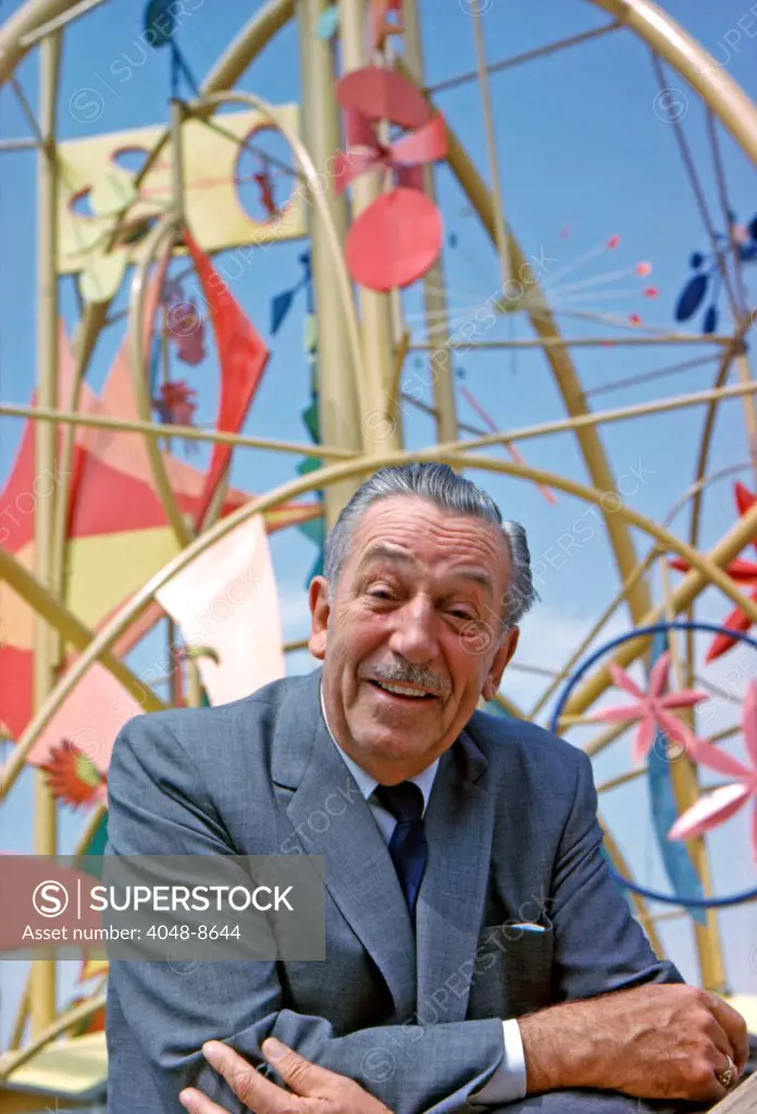 Walt Disney in front of the Tower of the Four Winds, It's a Small World Exhibition, 1964 World's Fair, New York. Photo by: John G. Zimmerman Archive / Courtesy Everett Collection