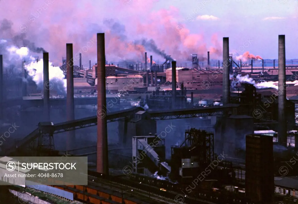 Gary Steel Works, US Steel Corporation, Gary Indiana, 1966. Gary Steel Works covered approximately 1500 acres of the Indiana shore of Lake Michigan and operated around the clock. Photo: John G. Zimmerman Archive/Everett Collection