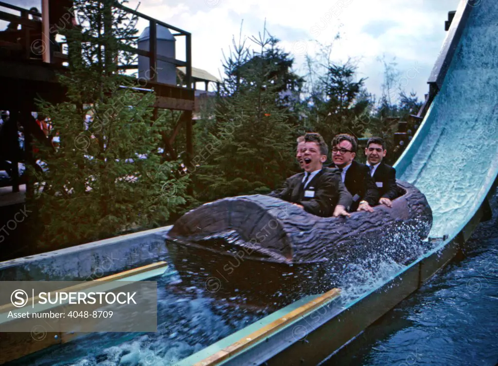Log Ride, 1964 World's Fair, New York. While log rides are common in theme parks today, this was a cutting edge attraction in 1964. The four minute ride ended with a splash as the ""logs"" whisked down a 45 degree slide into swirling rapids. Photo: John G. Zimmerman Archive/Courtesy Everett Collection