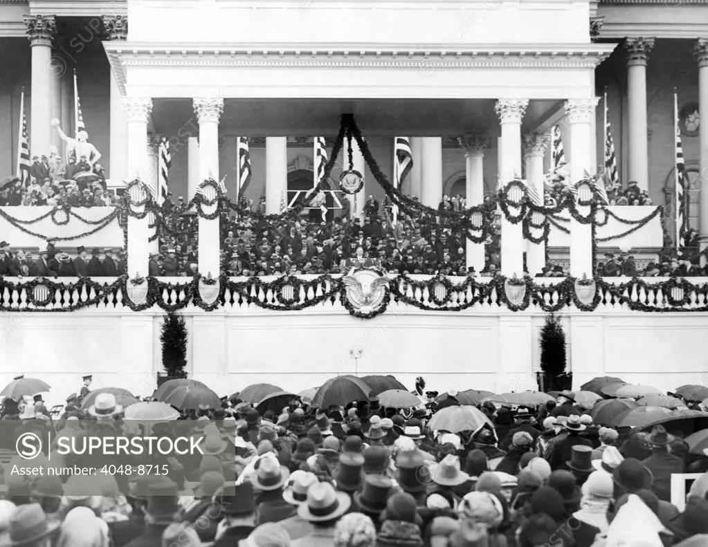 Herbert Hoover takes oath of office as President in Washington. Oath administered by Chief Justice William Howard (left). March 4, 1929.