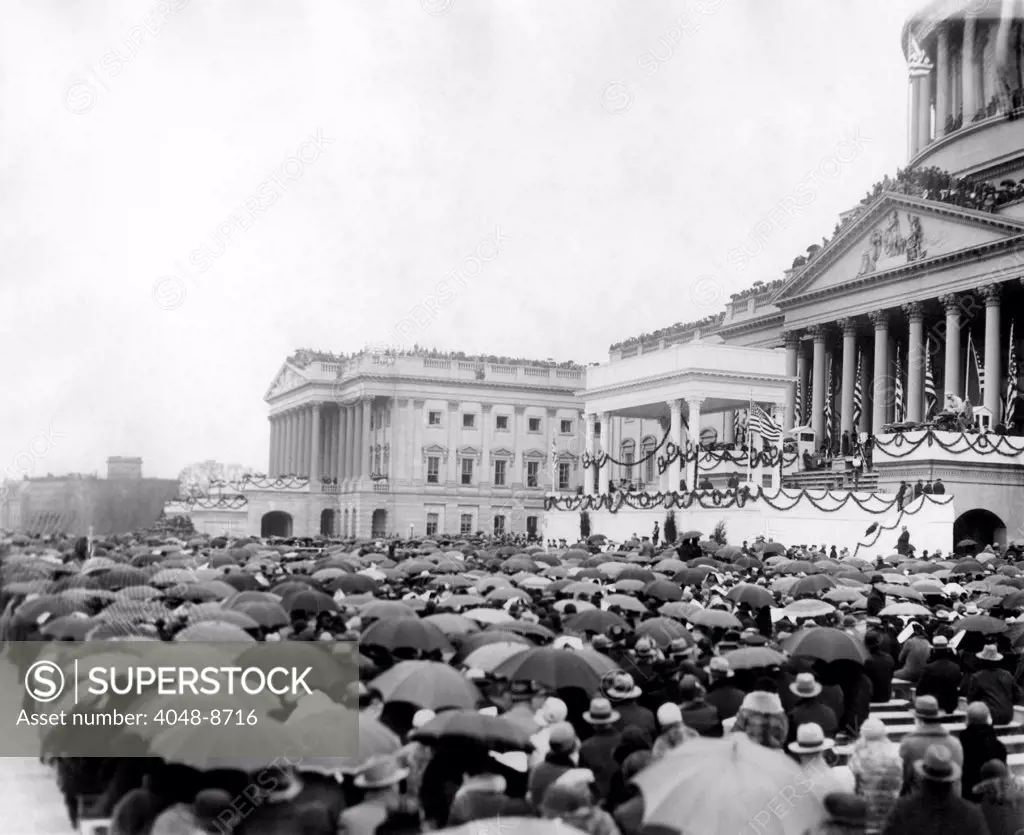Crowds at Herbert Hoover's inauguration. A sea of umbrellas shelters people at the Capitol. March 4, 1929.
