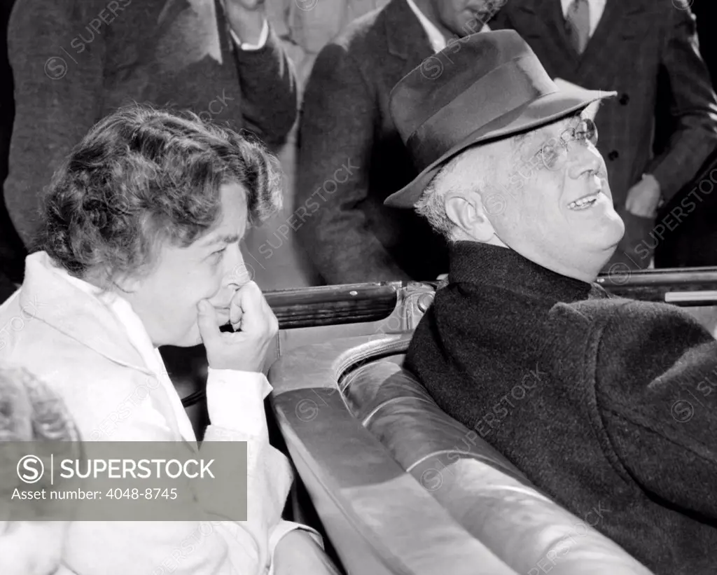 President Franklin and Eleanor Roosevelt during an informal press conference at Warms Springs, Georgia.