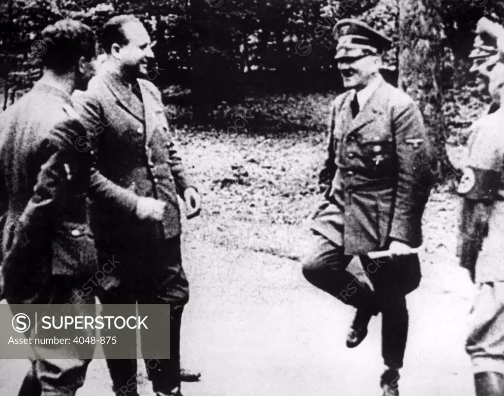 German Chancellor Adolf Hitler (right) and his staff celebrate France's surrender at Compiegne, June 21, 1940