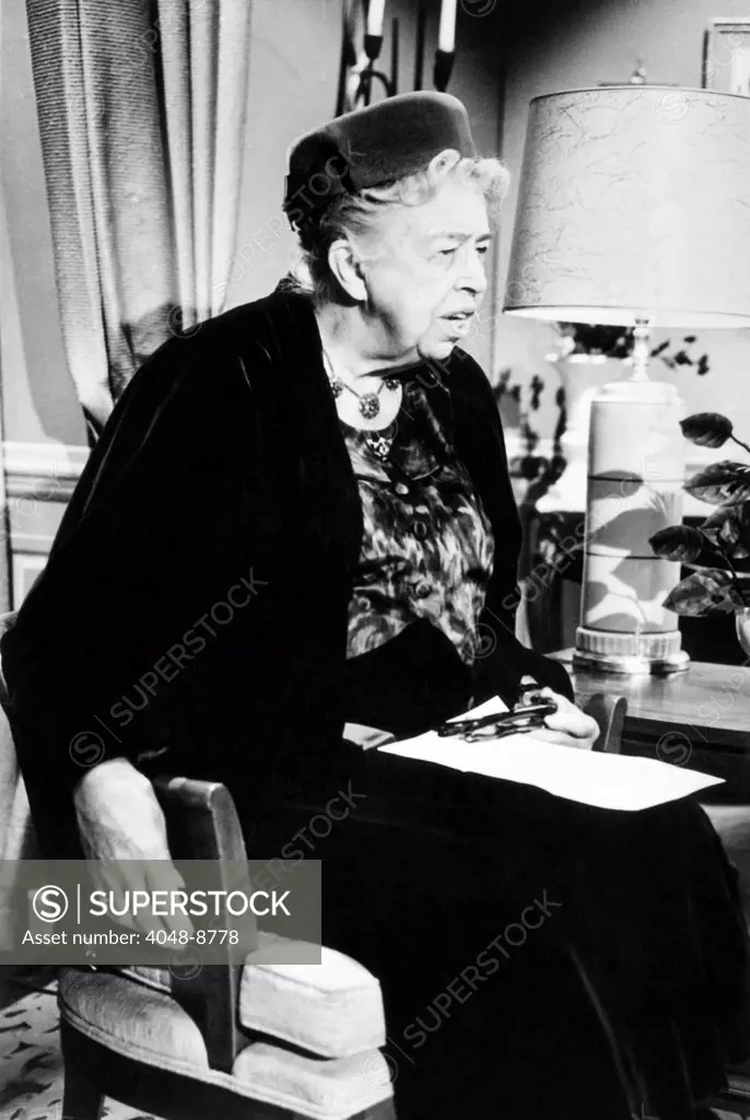 Eleanor Roosevelt in the last decade of her life. In the 1950s she attempted to make the Democratic Party publically support civil rights for African Americans. She served on the national boards the NAACP, CORE, and Ku Klux Klan had placed a bounty on her head. Ca. 1960.