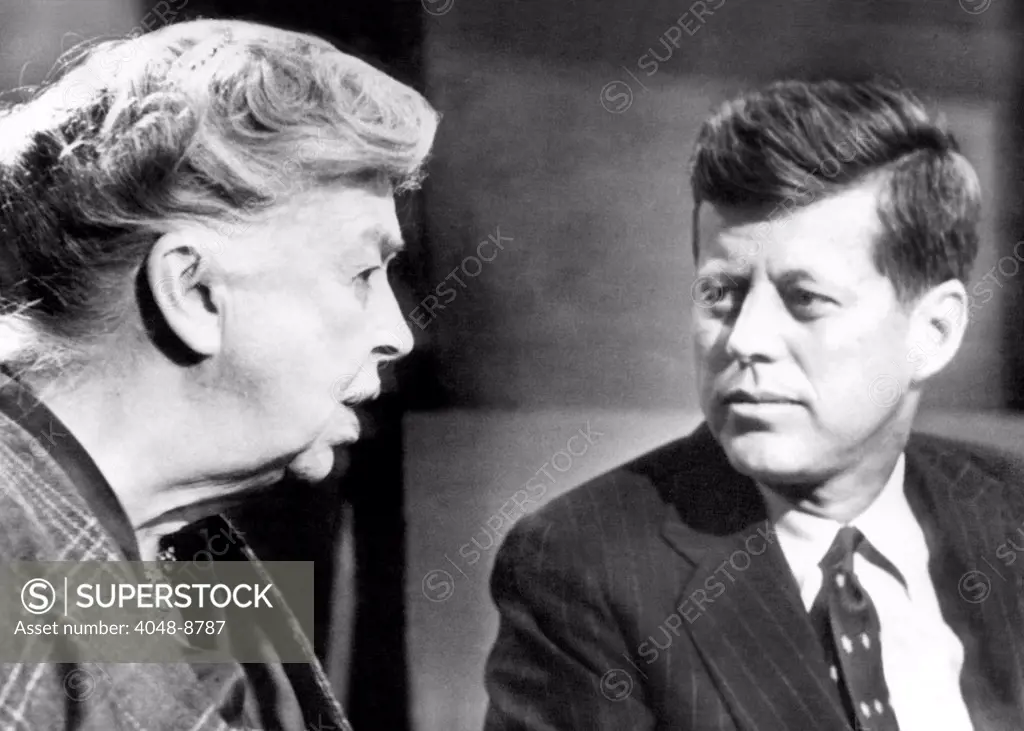 Eleanor Roosevelt and Sen. John F. Kennedy in a public appearance at Brandeis University. Earlier in the day, Kennedy announced his candidacy for the 1960 Democratic presidential nomination. Mrs. Roosevelt favored his rival, Adlai Stevenson. Jan. 3, 1960.
