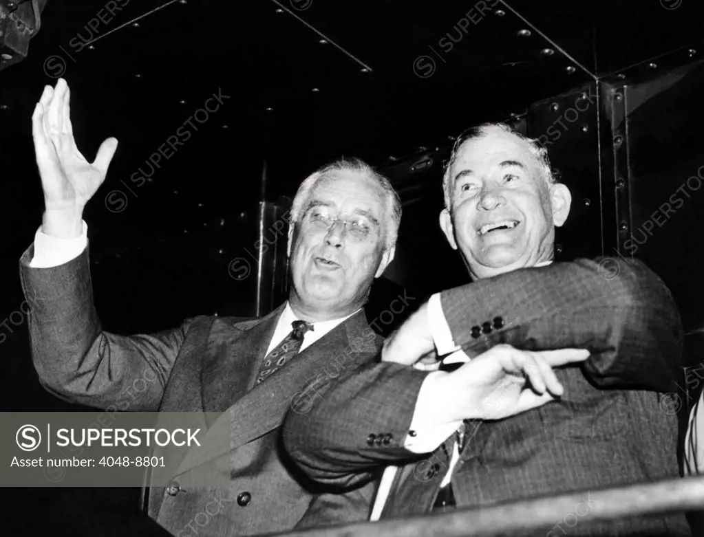 President Franklin Roosevelt with Senate Majority Leader Alben Barkley during the 1938 mid-term elections. FDR had just delivered one of FDR's 'purge' speeches against one of several powerful Democrats who opposed his New Deal policies. Aug. 1938.