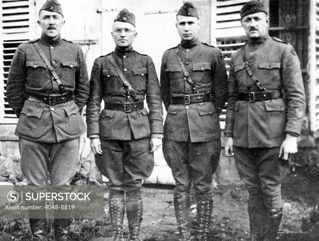 Captain Harry Truman (2nd from left) commanded Battery D, 129th Field Artillery, 60th Brigade, 35th Infantry Division in World War I. The war brought out Truman's leadership qualities, and prepared him for his political career in Missouri. Ca. 1918.