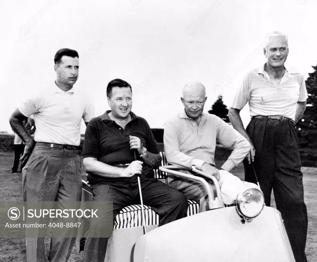 President Dwight Eisenhower with his golfing partner, Henry Ford II. L-R: Golf Pro Norman Palmer, Henry Ford II, President Eisenhower, Howard Cushing, Pres. Of Newport Country Club. Sept. 26, 1957.