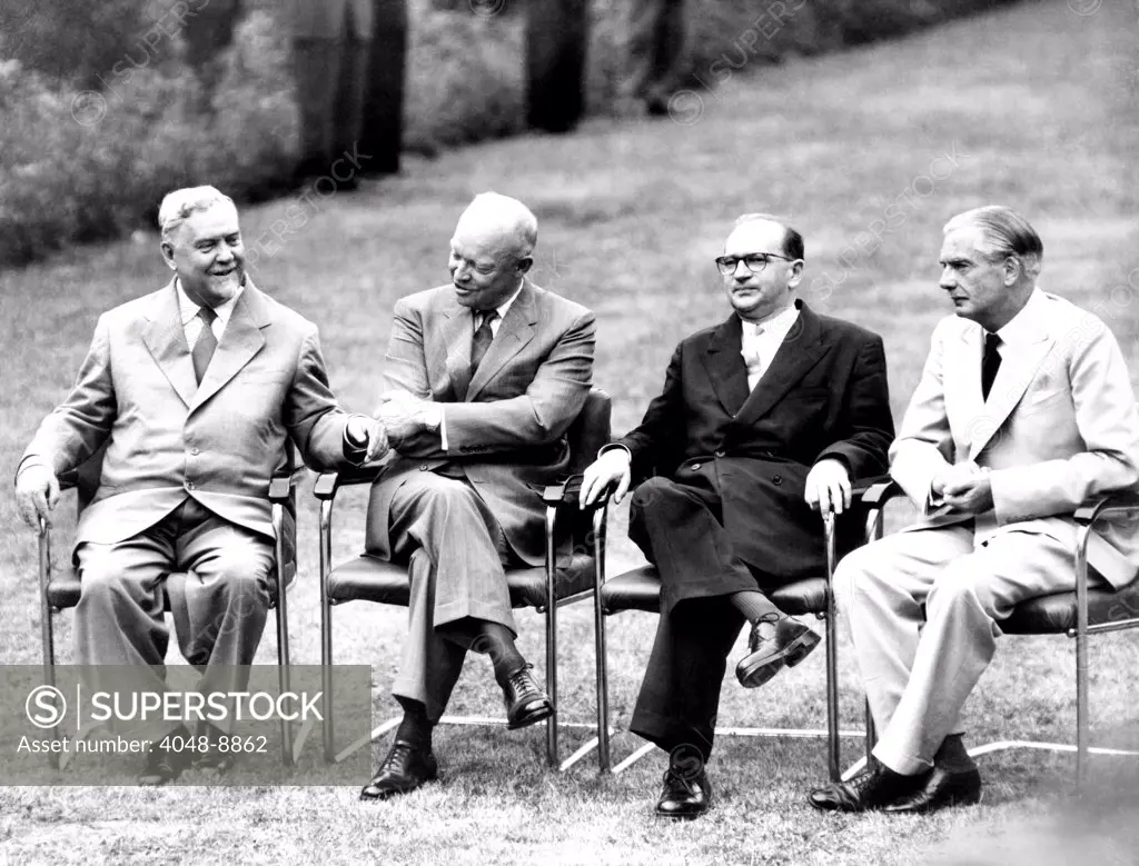 Cold War summit meeting of the 'Big Four' in Geneva, Switzerland. L-R: Soviet Premier Nikolai Bulganin, Pres. Eisenhower, French Premier Edgar Faure, and British Prime Minister Anthony Eden. Nov. 29, 1955.