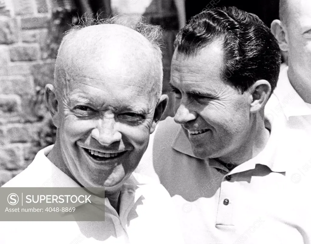 Former President Dwight Eisenhower and his Vice President, Richard Nixon meet to play golf. They breakfasted at the Burning Tree Country Club to discuss the Nixon's run for Governor of California. August 30, 1961.