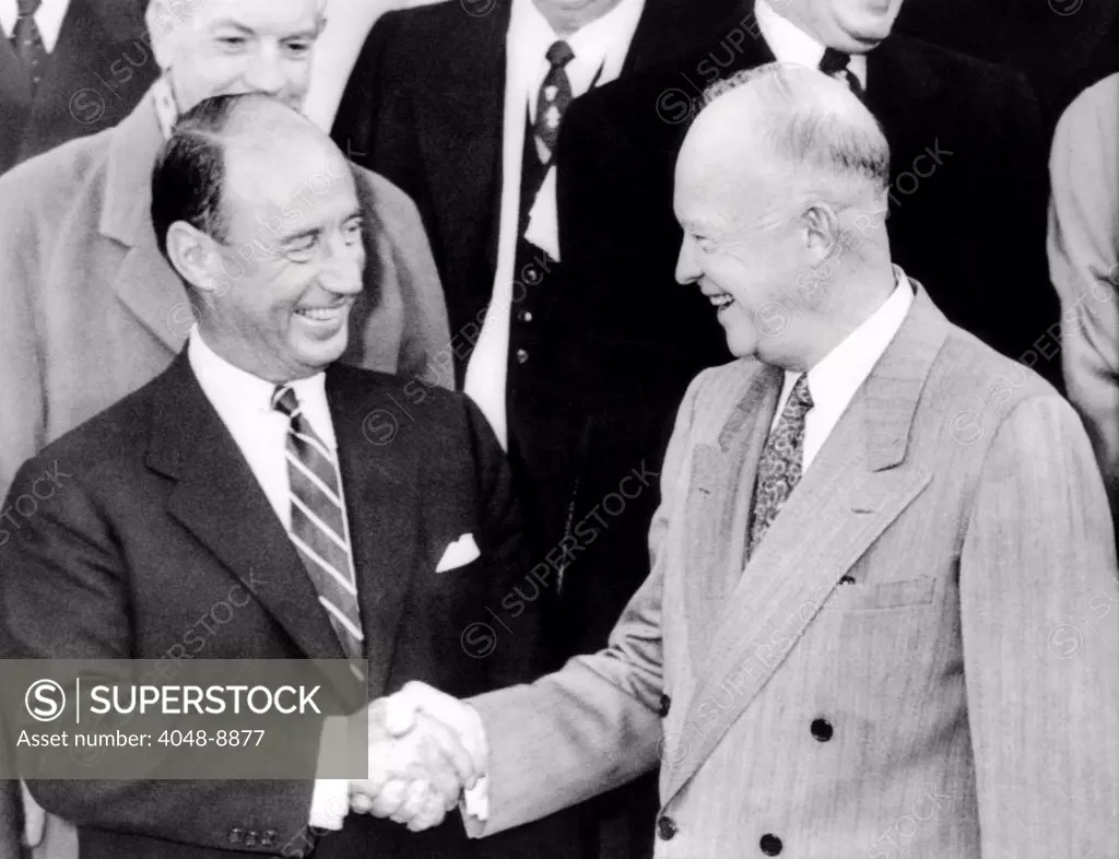 President Eisenhower shakes hands with his rival for the Presidency. Eisenhower lunched with former Illinois Gov. Adlai Stevenson. Feb. 17, 1953.