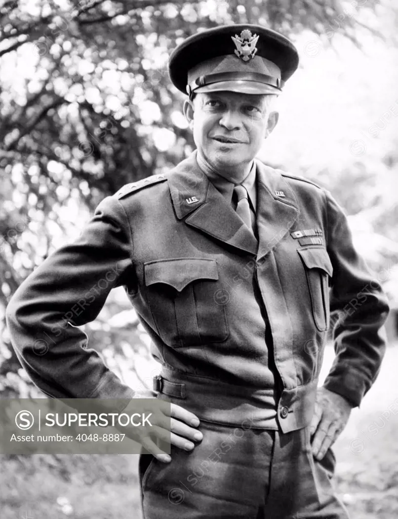 General Dwight Eisenhower, Supreme Commander, Allied Forces during World War II. Since the successful D-Day invasion, Allied troops captured La Haye de Puits, the western anchor of the German lines in Normandy. July 7, 1944.
