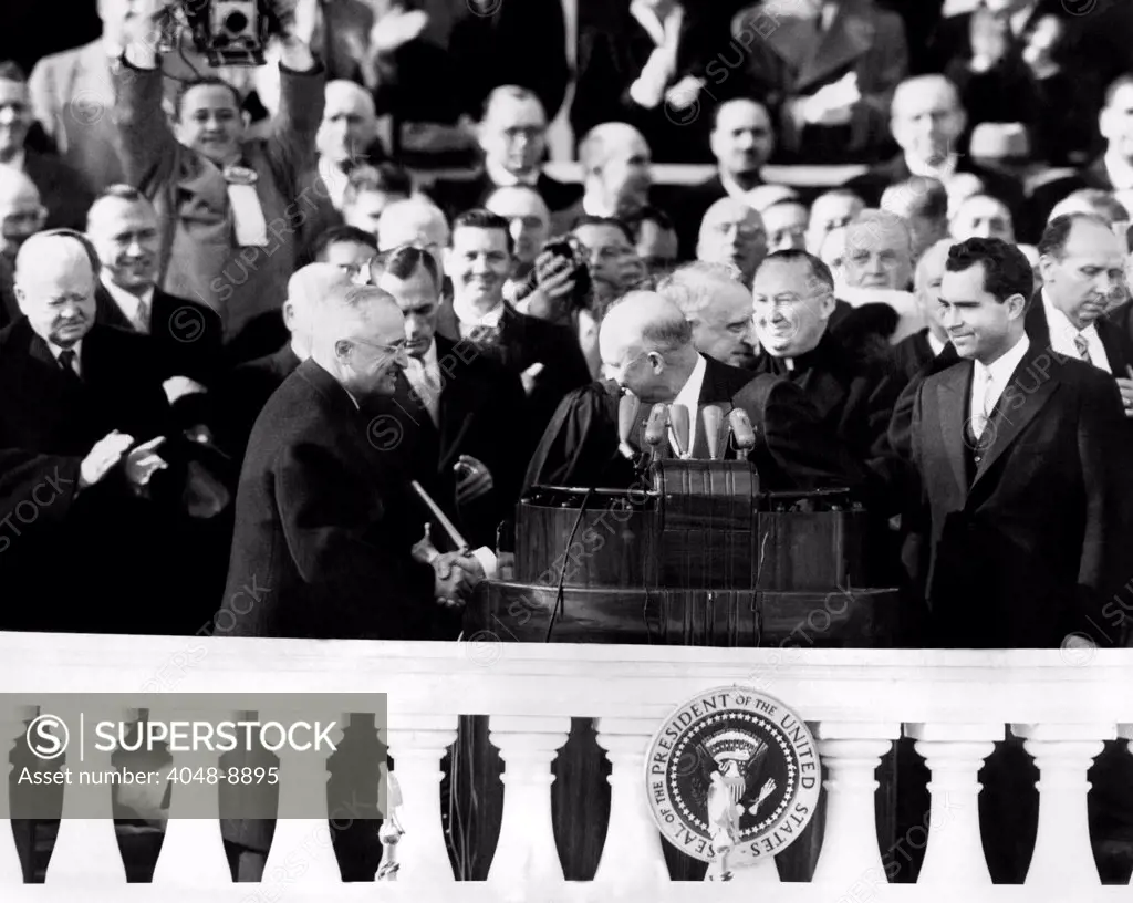 Four presidents at Dwight Eisenhower's first inauguration L-R: Herbert Hoover, Harry Truman, Eisenhower, and Richard Nixon. Jan. 20, 1953.