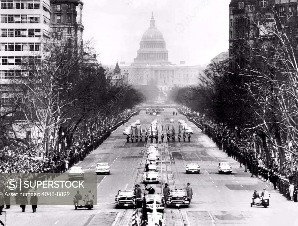 Dwight Eisenhower's second inauguration. Pennsylvania Avenue as President Eisenhower's motorcade drives from the Capitol to the White House. Jan. 21, 1957.