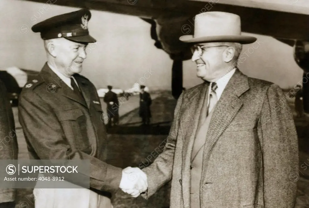 President Truman seeing Gen. Dwight Eisenhower off to Paris, where he would begin organizing NATO, the new Euro-American Anti-Communist military alliance. Eisenhower became Supreme Commander of the North Atlantic Treaty Organization, and operational commander of NATO forces in Europe. Jan. 6, 1951.