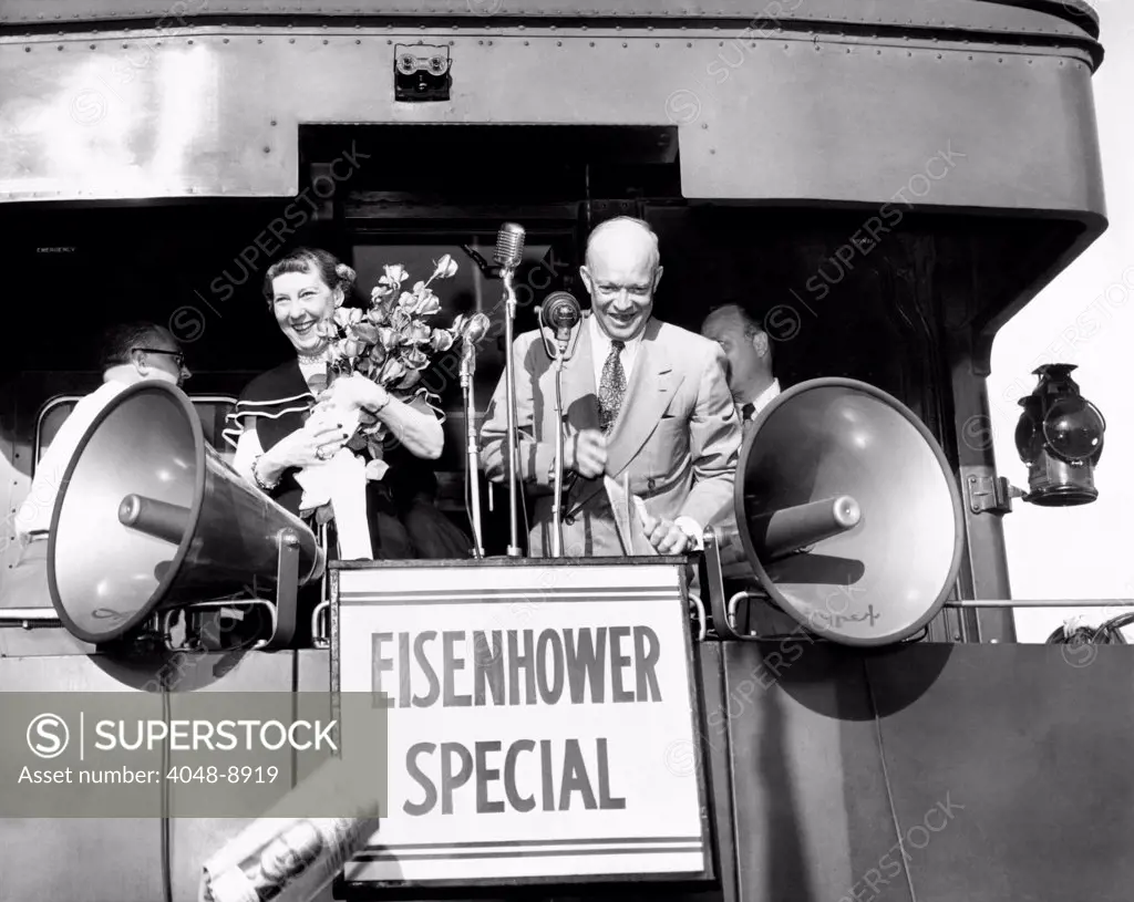 Republican candidate for president Dwight Eisenhower and his wife campaigning on the Eisenhower Special during 1952 election. Nov. 3, 1952.