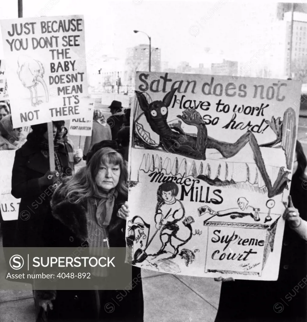 Anti-abortion demonstrators march outside the Federal courts Building in downtown St. Louis, early 1970s