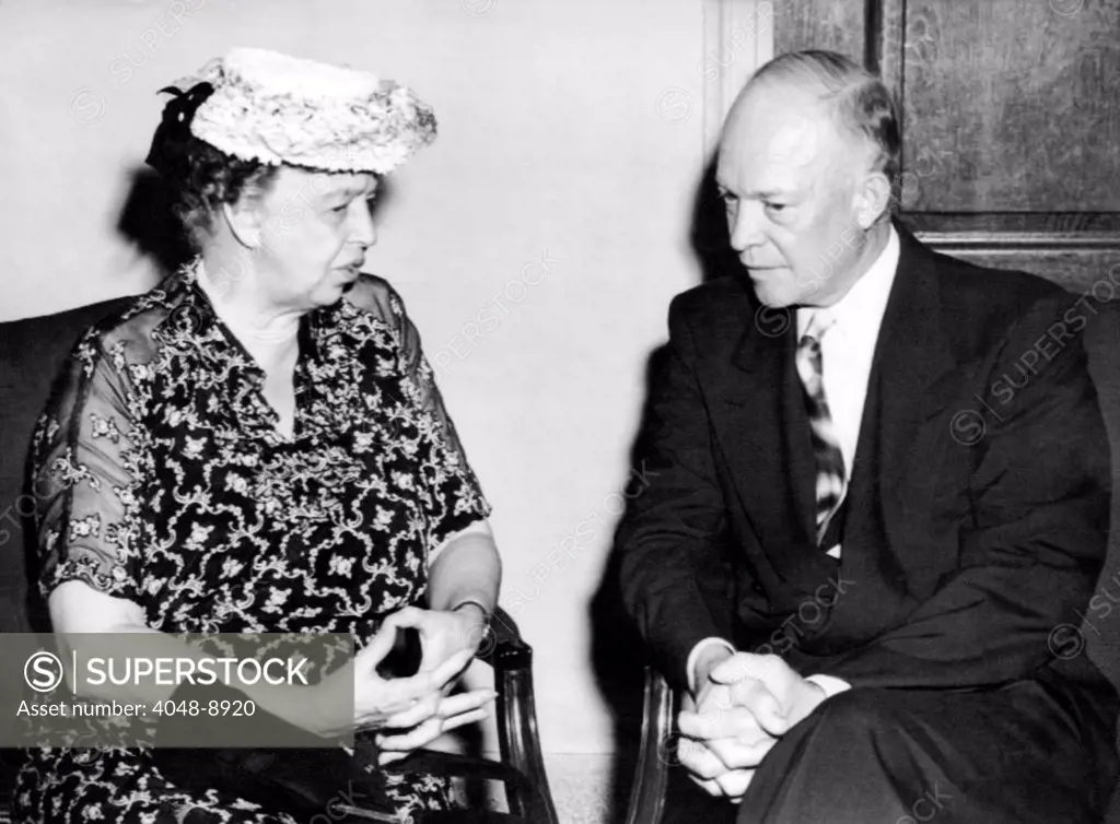 Eleanor Roosevelt chats with Columbia University President, Dwight D. Eisenhower. She was there to deliver a lecture, 'Human Rights. A World View.' July 9, 1948.