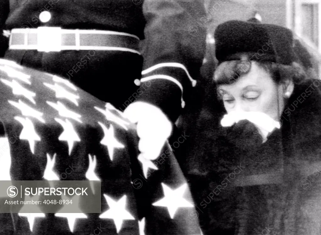 President Eisenhower's funeral. Mamie Eisenhower, the former President's widow, weeps during the burial services at the Eisenhower Library. April 2, 1969.
