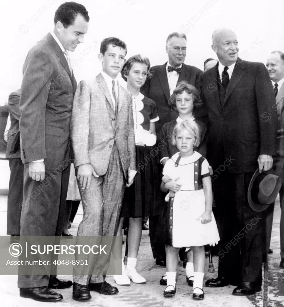 President Eisenhower's grandchildren see him off on his trip the East Asia. L-R: Vice Pres. Richard Nixon, grandson David, granddaughters Barbara Anne, Susan, and Mary Jean, President Eisenhower. Secy. of State Christian stands in back. June 12, 1960.