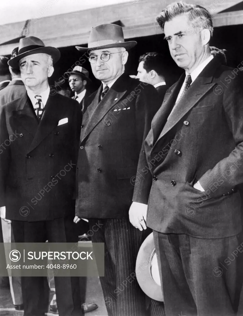 Powerful FDR advisor, James Byrnes, Vice President Harry Truman, and Former FDR Vice President, Henry Wallace. March 17, 1945, a few weeks prior to President Franklin Roosevelt's death.