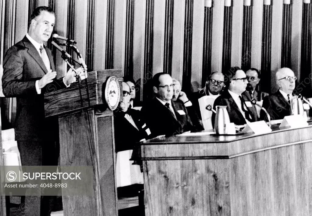 Vice President Spiro Agnew addresses the International Federation of Newspaper Publishers. He said some major news organizations have lost 'creditability' because of biased reporting. It was one of many speeches he made attacking the press. June 15, 1970.