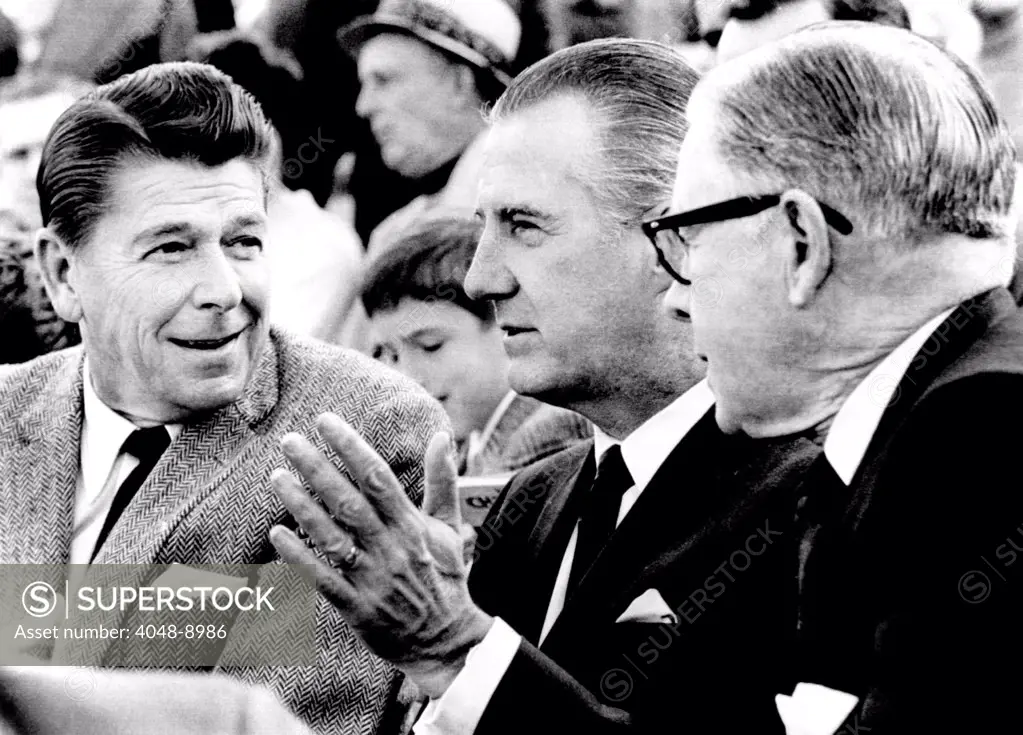 Republicans at a Los Angeles Rams and the Minnesota Vikings game. L-R: California Gov. Ronald Reagan, VP Spiro Agnew, Senator George Murphy. Dec. 7, 1969.