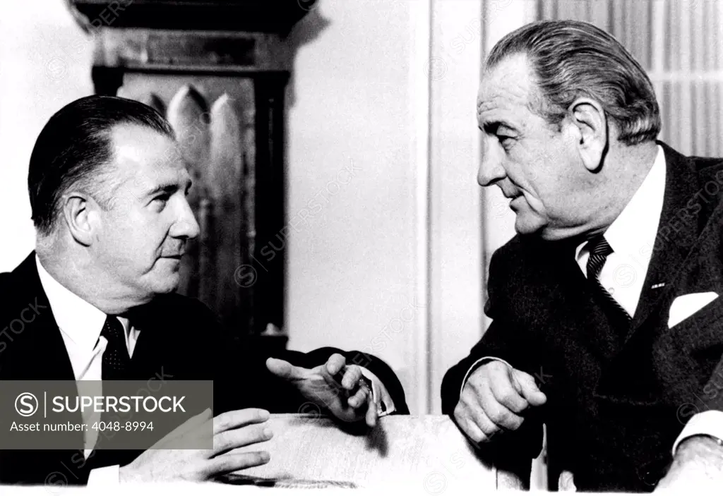 President Lyndon Johnson and Vice President-elect Spiro Agnew in discussion of Inauguration day. Jan. 20, 1968.