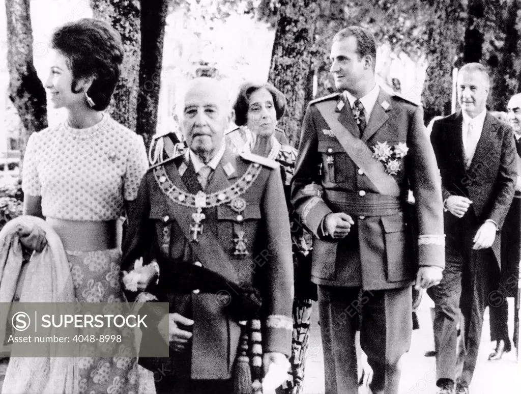 Spanish celebration of the Spanish Civil War in 1936, that brought Francisco Franco to power. L-R: Princess Sophia, Francisco Franco, Maria Franco, Prince Juan Carlos , Vice President Spiro Agnew. July 18, 1971.