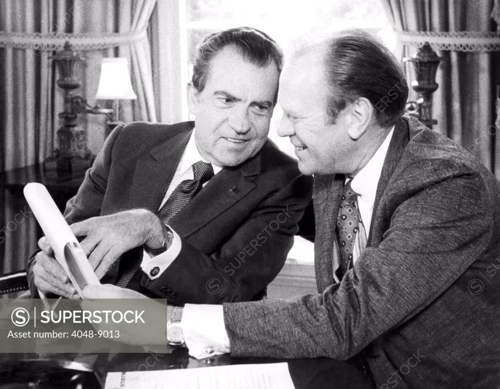 President Richard Nixon meets with House Minority Leader Gerald Ford at the White House. Oct. 13, 1973,
