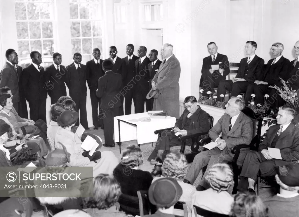 President Franklin Roosevelt at the dedication of a school for African Americans near Warm Springs, Georgia. The segregated school was named for the First Lady. It was the last school built with support from the Julius Rosenwald Fund, a charity that constructed over 5,000 schools for African Americans from 1912-1936. March 19, 1937.