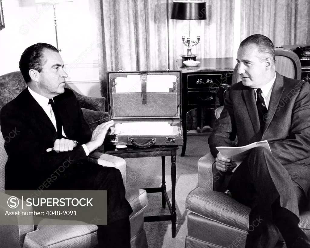 President-elect Nixon meets with Vice President-elect Spiro Agnew after their election victory. Nov. 27, 1968.