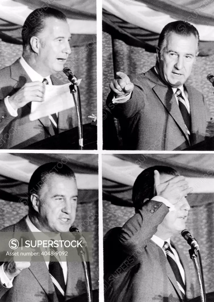 Vice President Agnew relished his role as the political attack dog for the Nixon Administration. Sequence of four images from an recent Agnew speech, clockwise from top left: criticizes wire service copy, aggressively points and challenges demonstrators, and Agnew hit hard at the hecklers, and finally says, 'they can't talk, they can't listen, and they can't even sing in tune.' Oct. 30, 1970.