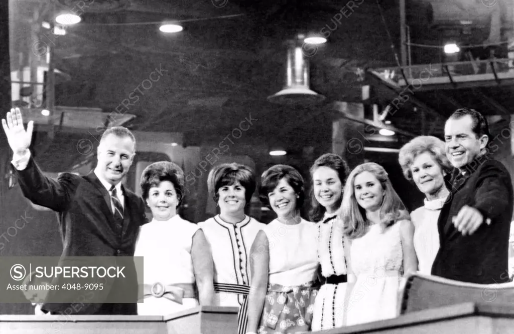 The 1968 Republican nominees and the of families. L-R: VP nominee Spiro Agnew, Judy Agnew, Pam Agnew, Susan Agnew, Julie Nixon, Tricia Nixon, Pat Nixon and Presidential nominee Richard Nixon. Aug. 9, 1968.