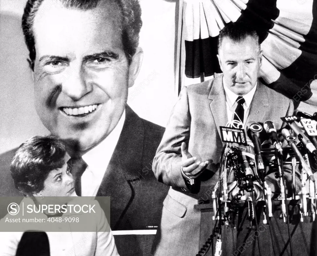 Vice Presidential candidate Spiro Agnew and his wife Judy, hold press conference at New York Nixon Headquarters. Agnew stated there were 'specific links' between anti-war protesters and Communists. Sept. 6, 1968.