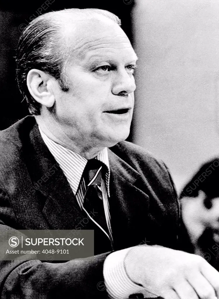 President Ford defends his 'full and unconditional pardon' of Richard Nixon. In his testimony before the House Judiciary subcommittee on Criminal Justice, he said made no agreement to pardon former President Nixon before he took over the presidency from him. Oct. 17, 1974.