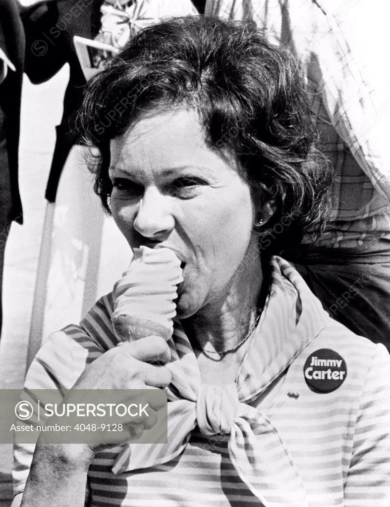 Rosalynn Carter enjoys an ice cream cone while campaigning. She is in Atlantic City, where her husband, Jimmy Carter received the 1976 Democratic Presidential nomination. June 1976.