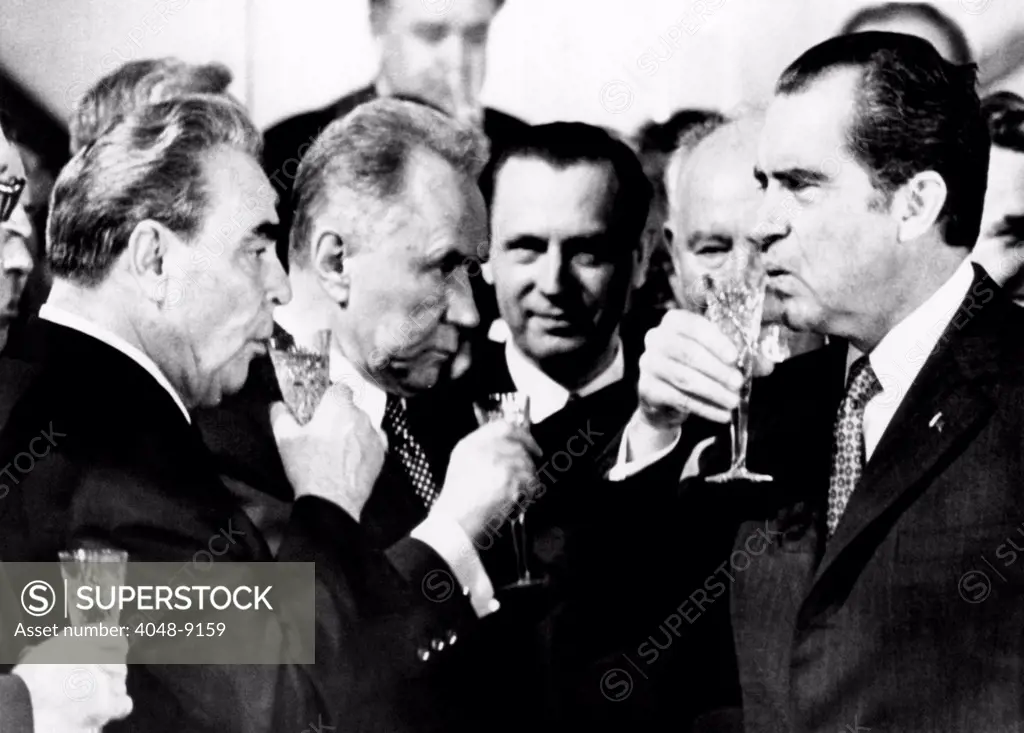Toast to arms limitation treaty. L-R: Soviet leaders, Leonid Brezhnev, Alexei Kosygin, and President Richard Nixon joins in a toast to the historic treaty to halt the arms race. Moscow, May 26, 1972.