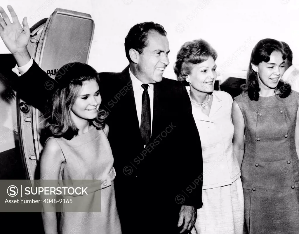 Former Vice Pres. Richard Nixon leaving New York for fact finding trip to the Near East and Africa. L-R: Tricia Nixon, Former Vice Pres. Nixon, Pat Nixon, Julie Nixon. June 4, 1967.