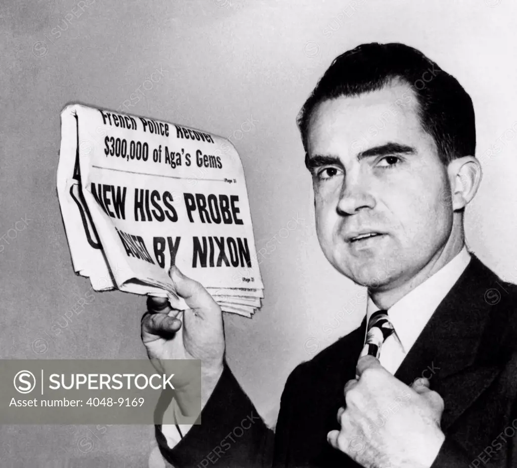 Senator Richard Nixon calls for continuing HUAC's Alger Hiss investigation. Jan 27, 1950 headline reads: New Hiss Probe Asked by Nixon. A few days earlier Alger Hiss was convicted of perjury concerning his Communist past, and sentenced to 5 years in jail.