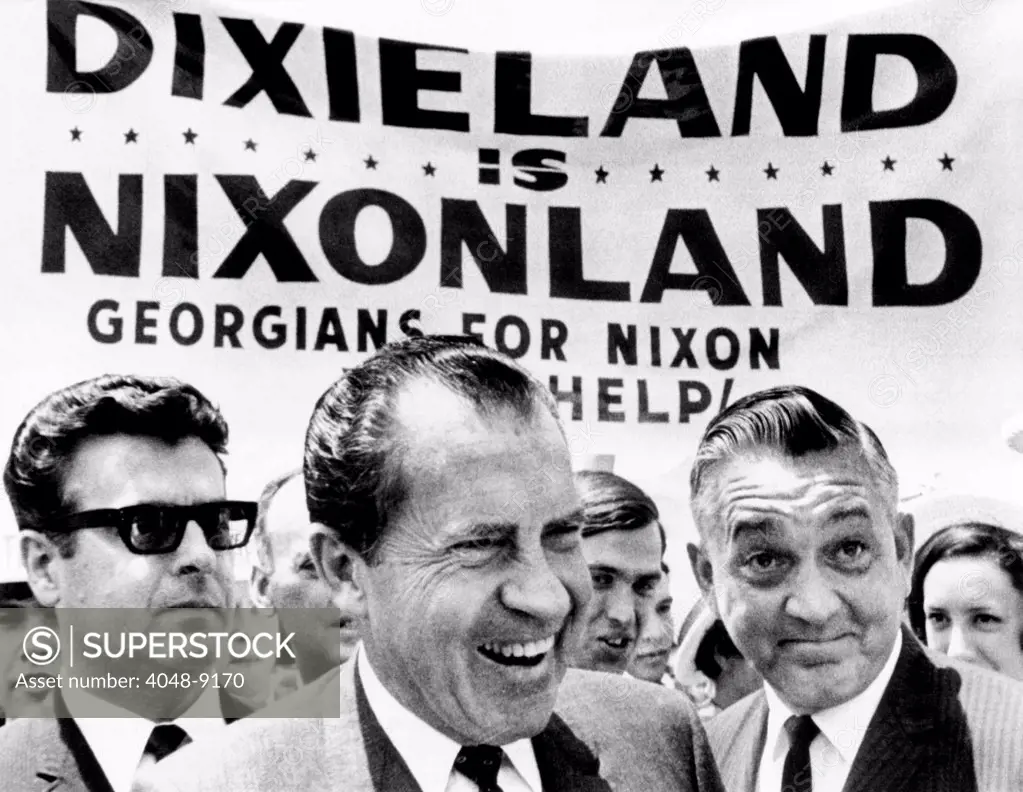 Dixieland is Nixonland', reads a big sign behind Republican Presidential candidate, Richard Nixon. Nixon's 'Southern Strategy' took advantage of the Southern white voters resistance to 1960's Democratic Civil Rights legislation. May 31, 1968.