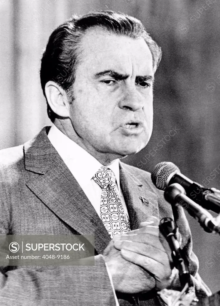 President Richard Nixon addressing a convention of families of American POWs. He reassured them that Vietnam Prisoners of War would not be abandoned. Oct. 16, 1972.
