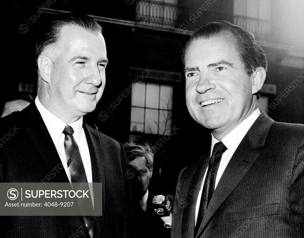 Republican Presidential hopeful Richard Nixon meets with  Maryland Gov. Spiro Agnew (left. March 29, 1968