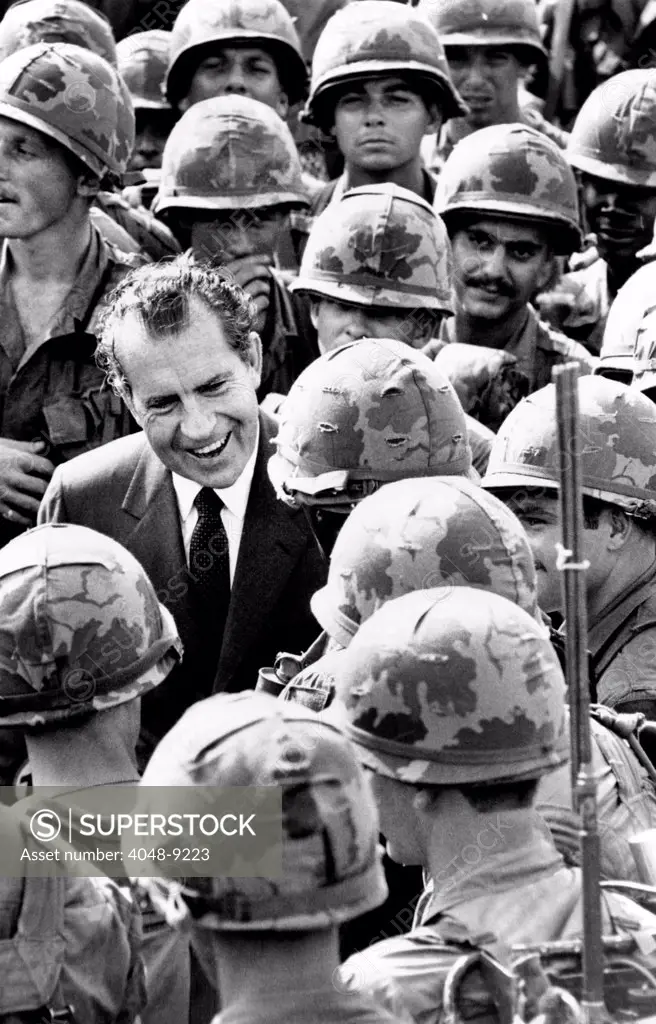 President Richard Nixon greets US combat troops at the 1st Division's Di An Base ten miles from Saigon. Nov. 3, 1972.
