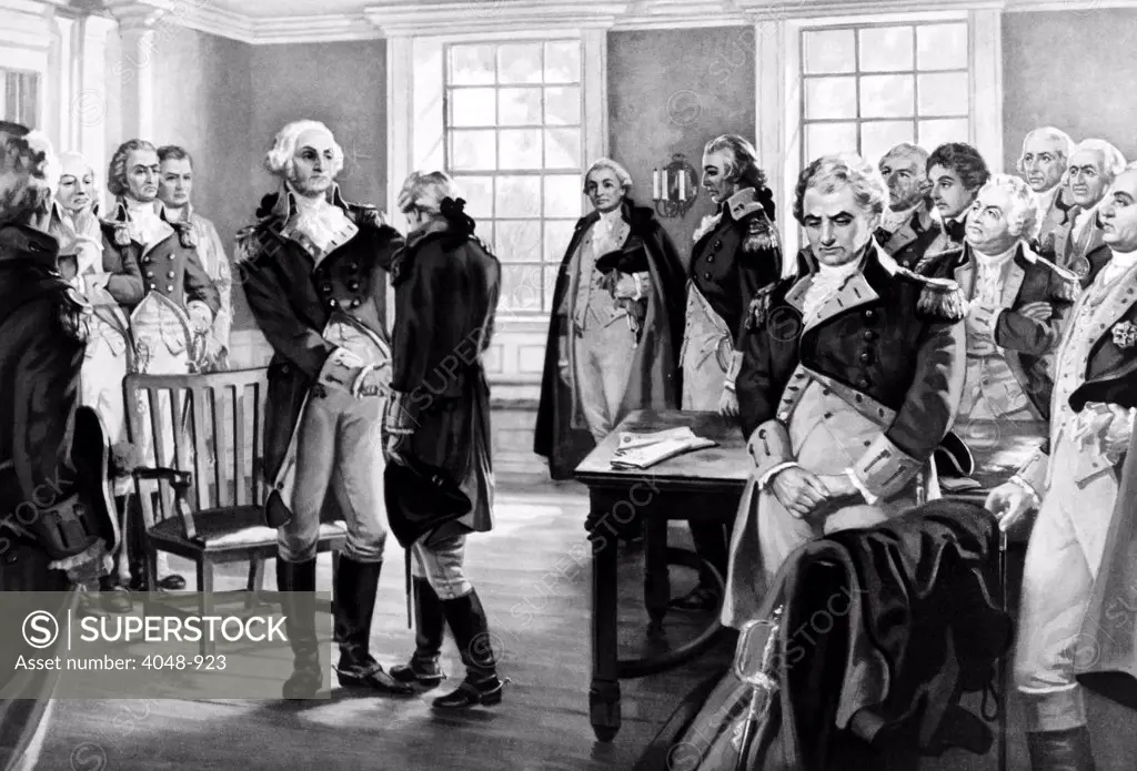 George Washington says farewell to his troops at Fraunces Tavern, New York, 1783. Painting by Hintermeister