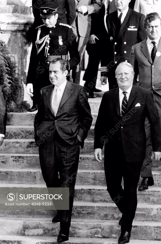 President Richard Nixon (left) and British Prime Minister Edward Heath hold talks in Hamilton, Bermuda. Dec. 21, 1971