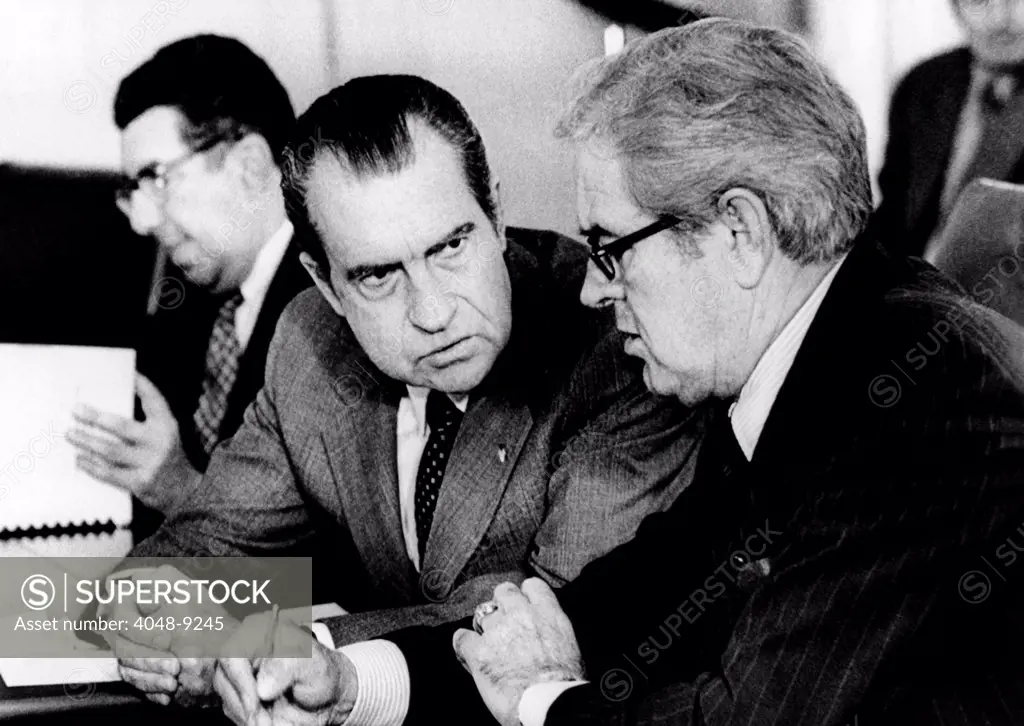 President Richard Nixon meets with the Cost of Living Council. L-R: Herbert Stein, Council of Economic Advisers chairman, Nixon, John Connelly, Treasury Secy. Mar. 23, 1972.